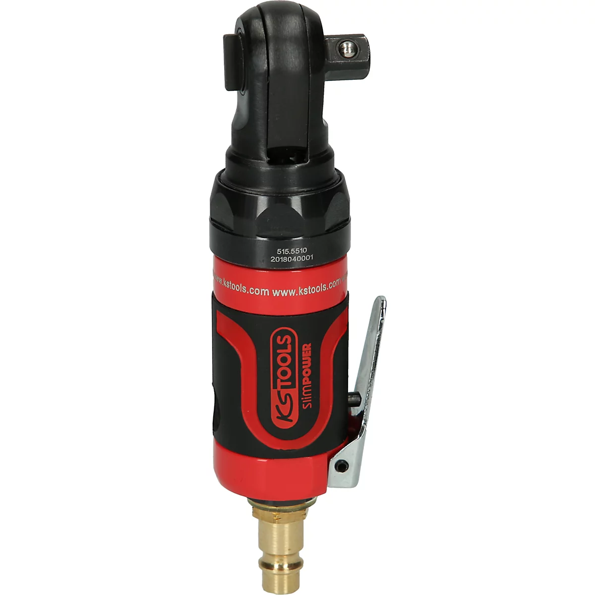 Eine Nahaufnahme eines schwarzen und roten Druckluft-Ratschenschlüssels. Auf dem Werkzeug sind Logos und Schriftzüge zu sehen.